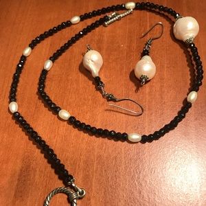 Necklace /Earrings Pearls. Black Swarovski .New.